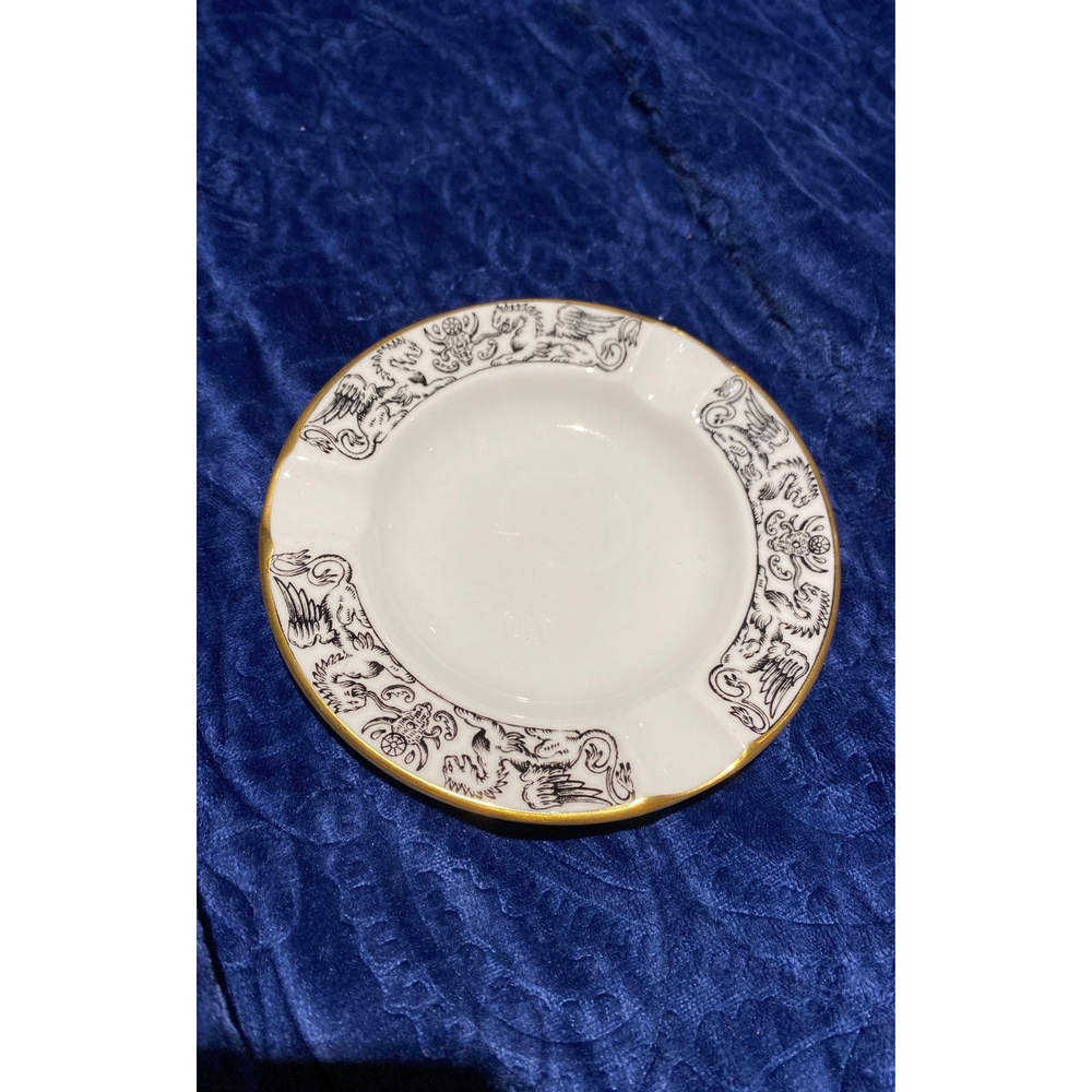 Wedgwood China, Florentine Black W/ Gold Trim 3 Holder Round Ash Tray,